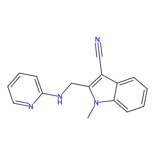 1-methyl-2-((pyridin-2-ylamino)methyl)-1H-indole-3-carbonitrile structure