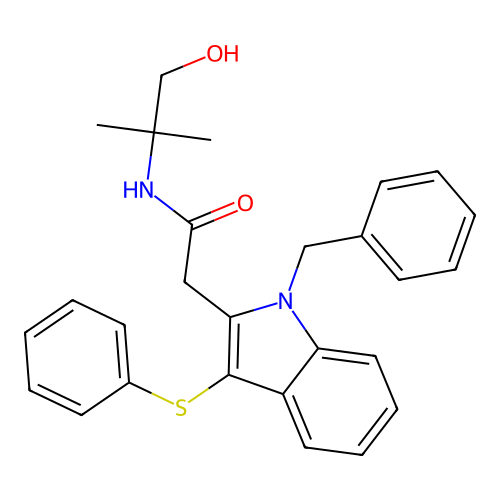 2-[1-benzyl-3-(phenylsulfanyl)-1H-indol-2-yl]-N-(1-hydroxy-2-methylpropan-2-yl)acetamide structure