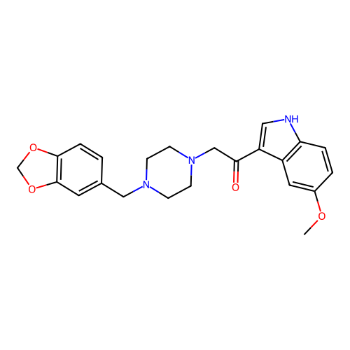 2-[4-(1,3-benzodioxol-5-ylmethyl)piperazin-1-yl]-1-(5-methoxy-1H-indol-3-yl)ethanone structure