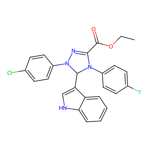 ethyl 1-(4-chlorophenyl)-4-(4-fluorophenyl)-5-(1H-indol-3-yl)-4,5-dihydro-1H-1,2,4-triazole-3-carboxylate structure