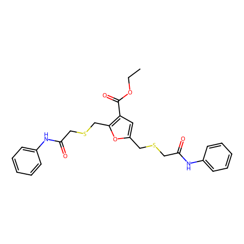 ethyl 2,5-bis{[(N-phenylcarbamoyl)methylthio]methyl}furan-3-carboxylate structure