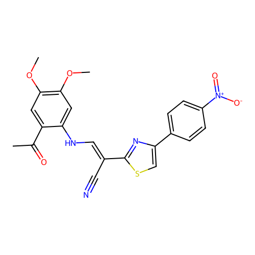 (2E)-3-[(2-acetyl-4,5-dimethoxyphenyl)amino]-2-[4-(4-nitrophenyl)-1,3-thiazol-2-yl]prop-2-enenitrile structure