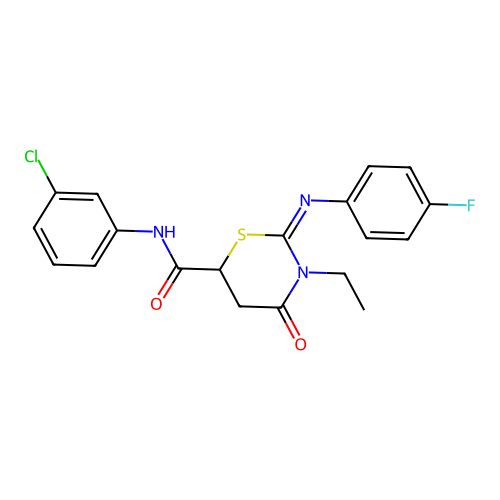 N-(3-chlorophenyl)-3-ethyl-2-(4-fluorophenyl)imino-4-oxo-1,3-thiazinane-6-carboxamide structure
