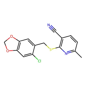 2-[(6-chloro-1,3-benzodioxol-5-yl)methylsulfanyl]-6-methylpyridine-3-carbonitrile structure