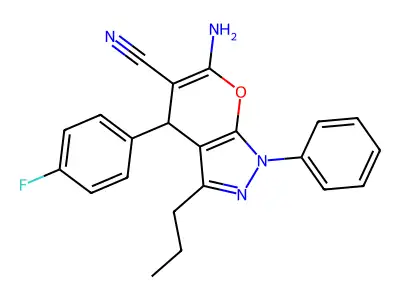 6-amino-4-(4-fluorophenyl)-1-phenyl-3-propyl-1,4-dihydropyrano[2,3-c]pyrazole-5-carbonitrile structure