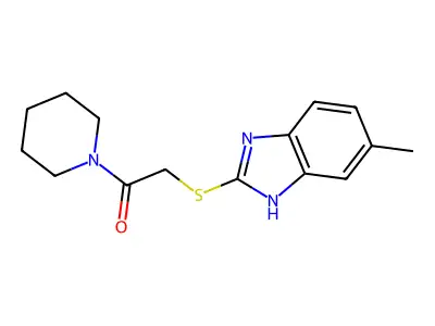 2-((5-methyl-1H-benzo[d]imidazol-2-yl)thio)-1-(piperidin-1-yl)ethanone structure
