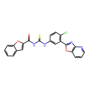 N-((4-chloro-3-(oxazolo[4,5-b]pyridin-2-yl)phenyl)carbamothioyl)benzofuran-2-carboxamide structure