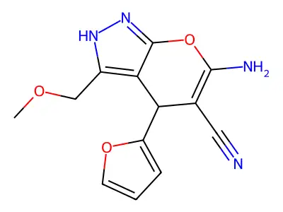 6-amino-4-(2-furyl)-3-(methoxymethyl)-1,4-dihydropyrano[2,3-c]pyrazole-5-carbonitrile structure