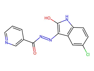 N'-[(3E)-5-chloro-2-oxo-1,2-dihydro-3H-indol-3-ylidene]pyridine-3-carbohydrazide structure