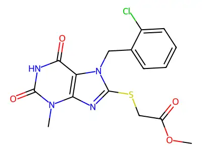 methyl 2-[7-[(2-chlorophenyl)methyl]-3-methyl-2,6-dioxopurin-8-yl]sulfanylacetate structure