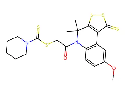 2-(8-methoxy-4,4-dimethyl-1-thioxo-1,4-dihydro-5H-[1,2]dithiolo[3,4-c]quinolin-5-yl)-2-oxoethyl piperidine-1-carbodithioate structure