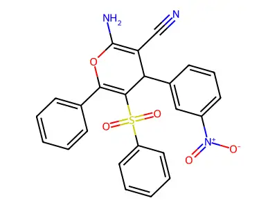 2-Amino-4-(3-nitrophenyl)-6-phenyl-5-(phenylsulfonyl)-4H-pyran-3-carbonitrile structure