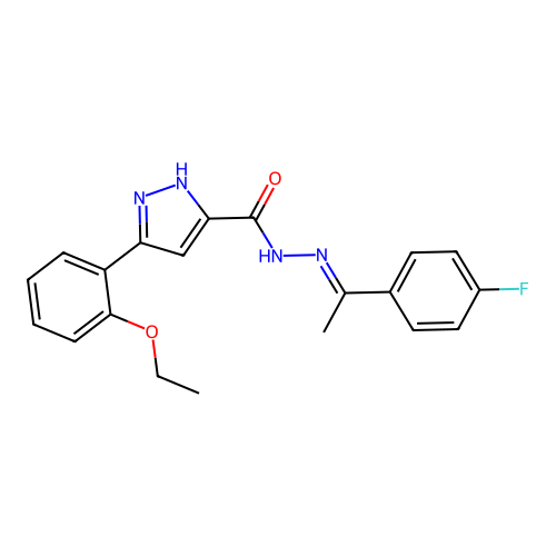 3-(2-ethoxyphenyl)-N'-[(1E)-1-(4-fluorophenyl)ethylidene]-1H-pyrazole-5-carbohydrazide structure