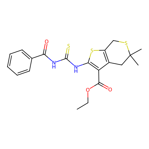 ethyl 2-(3-benzoylthioureido)-5,5-dimethyl-5,7-dihydro-4H-thieno[2,3-c]thiopyran-3-carboxylate structure