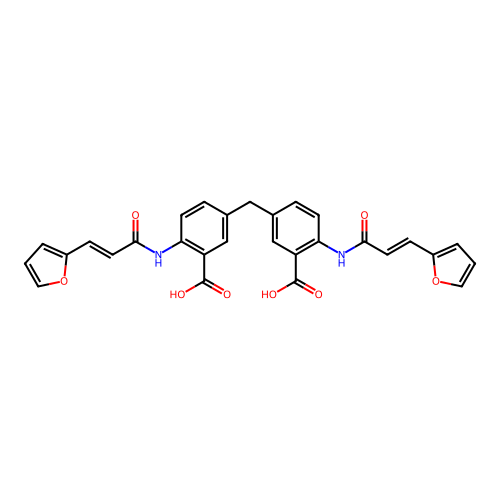 (E)-5,5'-methylenebis(2-((E)-3-(furan-2-yl)acrylamido)benzoic acid) structure