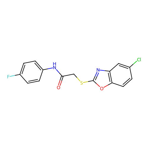 2-[(5-chloro-1,3-benzoxazol-2-yl)sulfanyl]-N-(4-fluorophenyl)acetamide structure