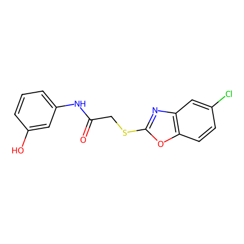 2-[(5-chloro-1,3-benzoxazol-2-yl)sulfanyl]-N-(3-hydroxyphenyl)acetamide structure
