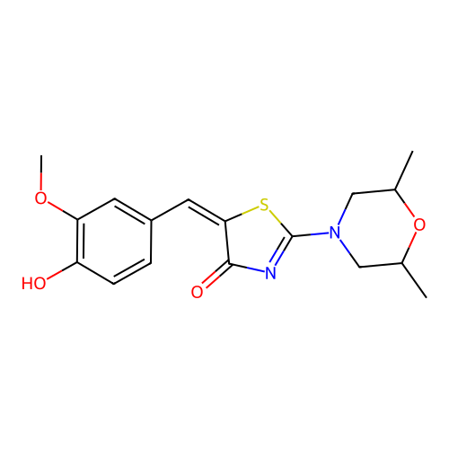 (5E)-2-(2,6-dimethylmorpholin-4-yl)-5-[(4-hydroxy-3-methoxyphenyl)methylidene]-1,3-thiazol-4-one structure