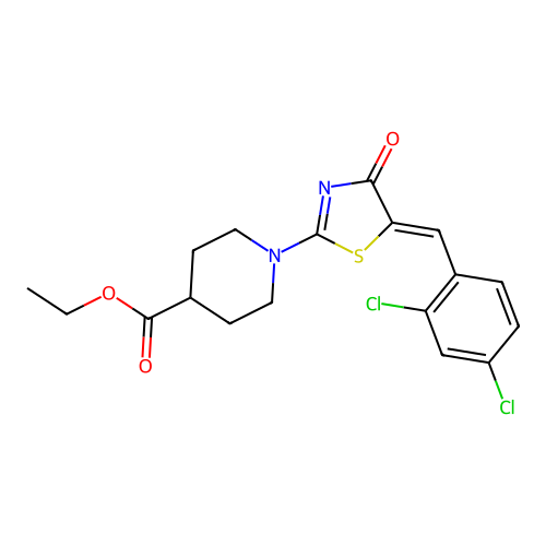 Ethyl 1-(5-(2,4-dichlorobenzylidene)-4-oxo-4,5-dihydrothiazol-2-yl)piperidine-4-carboxylate structure