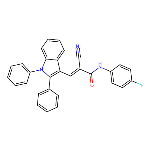 2-cyano-3-(1,2-diphenyl-1H-indol-3-yl)-N-(4-fluorophenyl)prop-2-enamide structure