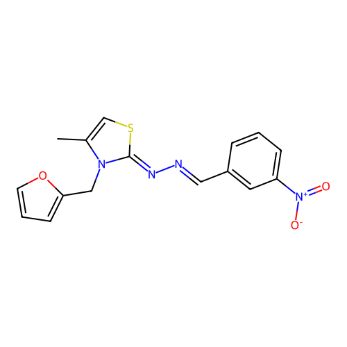 (Z)-3-(furan-2-ylmethyl)-4-methyl-2-((E)-(3-nitrobenzylidene)hydrazono)-2,3-dihydrothiazole structure