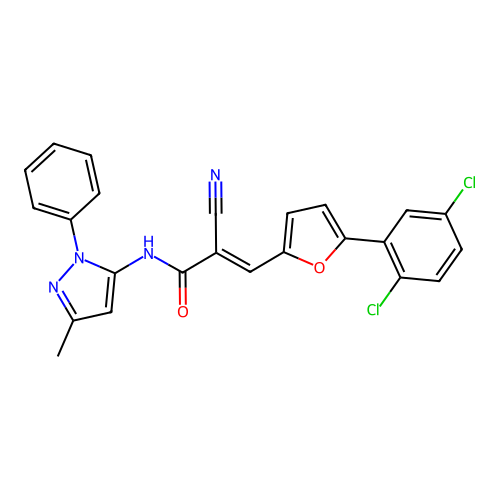 (2E)-3-[5-(2,5-dichlorophenyl)(2-furyl)]-2-cyano-N-(3-methyl-1-phenylpyrazol-5 -yl)prop-2-enamide structure