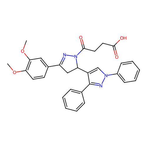 4-(5-(3,4-dimethoxyphenyl)-1',3'-diphenyl-3,4-dihydro-1'H,2H-[3,4'-bipyrazol]-2-yl)-4-oxobutanoic acid structure