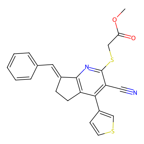(E)-methyl 2-((7-benzylidene-3-cyano-4-(thiophen-3-yl)-6,7-dihydro-5H-cyclopenta[b]pyridin-2-yl)thio)acetate structure