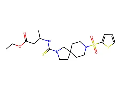 ethyl 3-[(8-thiophen-2-ylsulfonyl-2,8-diazaspiro[4.5]decane-2-carbothioyl)amino]butanoate structure