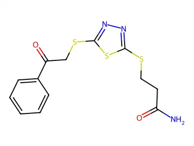 3-[(5-Phenacylsulfanyl-1,3,4-thiadiazol-2-yl)sulfanyl]propanamide structure
