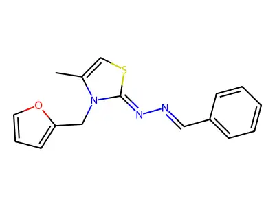 N-[(Z)-benzylideneamino]-3-(furan-2-ylmethyl)-4-methyl-1,3-thiazol-2-imine structure