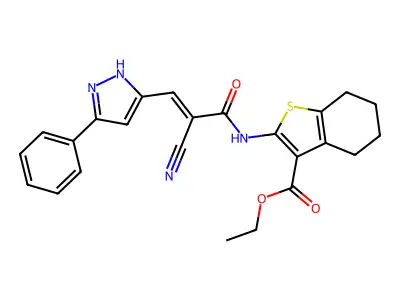 (E)-ethyl 2-(2-cyano-3-(3-phenyl-1H-pyrazol-5-yl)acrylamido)-4,5,6,7-tetrahydrobenzo[b]thiophene-3-carboxylate structure