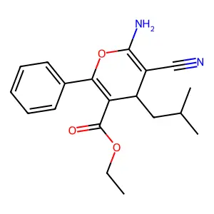 ethyl 6-amino-5-cyano-4-(2-methylpropyl)-2-phenyl-4H-pyran-3-carboxylate structure