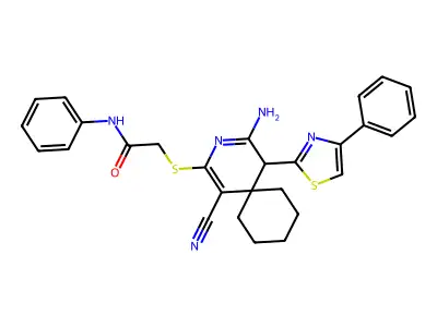 2-{[1-CYANO-4-IMINO-5-(4-PHENYL-1,3-THIAZOL-2-YL)-3-AZASPIRO[5.5]UNDEC-1-EN-2-YL]SULFANYL}-N-PHENYLACETAMIDE structure