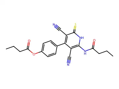 4-(2-Butyramido-3,5-dicyano-6-mercaptopyridin-4-yl)phenyl butyrate structure
