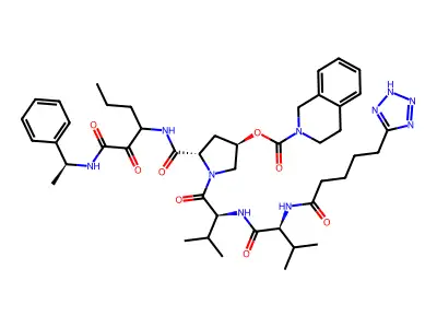 [(3R,5S)-5-[[1,2-dioxo-1-[[(1S)-1-phenylethyl]amino]hexan-3-yl]carbamoyl]-1-[(2S)-3-methyl-2-[[(2S)-3-methyl-2-[5-(2H-tetrazol-5-yl)pentanoylamino]butanoyl]amino]butanoyl]pyrrolidin-3-yl] 3,4-dihydro-1H-isoquinoline-2-carboxylate structure