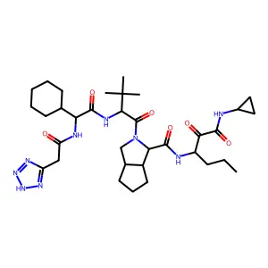 (3S,3aS,6aR)-2-[(2S)-2-[[(2S)-2-cyclohexyl-2-[[2-(2H-tetrazol-5-yl)acetyl]amino]acetyl]amino]-3,3-dimethylbutanoyl]-N-[1-(cyclopropylamino)-1,2-dioxohexan-3-yl]-3,3a,4,5,6,6a-hexahydro-1H-cyclopenta[c]pyrrole-3-carboxamide structure