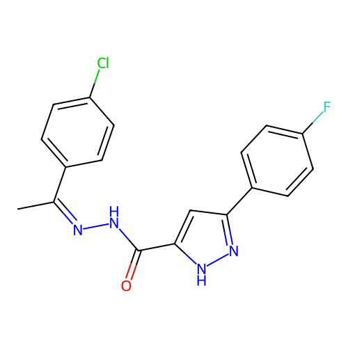 (Z)-N'-(1-(4-chlorophenyl)ethylidene)-3-(4-fluorophenyl)-1H-pyrazole-5-carbohydrazide structure