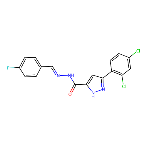 (E)-3-(2,4-dichlorophenyl)-N'-(4-fluorobenzylidene)-1H-pyrazole-5-carbohydrazide structure