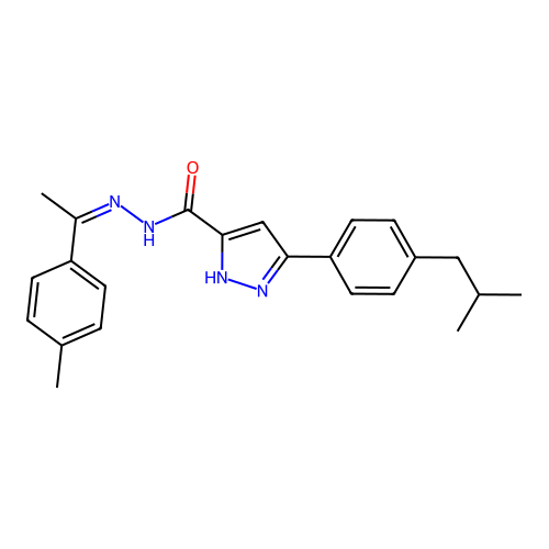 (Z)-3-(4-isobutylphenyl)-N'-(1-(p-tolyl)ethylidene)-1H-pyrazole-5-carbohydrazide structure