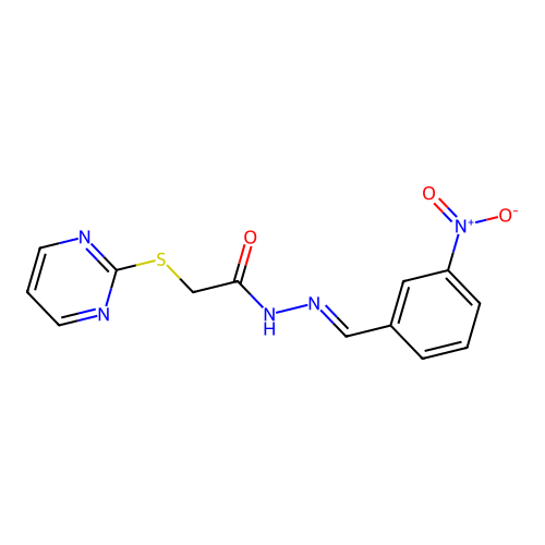 N-[(E)-(3-nitrophenyl)methylideneamino]-2-pyrimidin-2-ylsulfanylacetamide structure