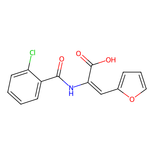 (2E)-2-[(2-chlorophenyl)carbonylamino]-3-(2-furyl)prop-2-enoic acid structure