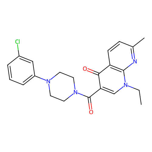 3-(4-(3-chlorophenyl)piperazine-1-carbonyl)-1-ethyl-7-methyl-1,8-naphthyridin-4(1H)-one structure