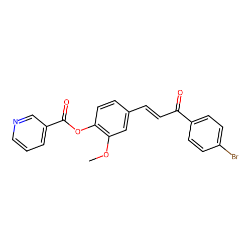 (E)-4-(3-(4-bromophenyl)-3-oxoprop-1-en-1-yl)-2-methoxyphenyl nicotinate structure
