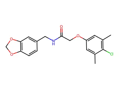 N-(1,3-benzodioxol-5-ylmethyl)-2-(4-chloro-3,5-dimethylphenoxy)acetamide structure