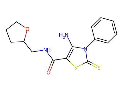 4-amino-3-phenyl-N-((tetrahydrofuran-2-yl)methyl)-2-thioxo-2,3-dihydrothiazole-5-carboxamide structure
