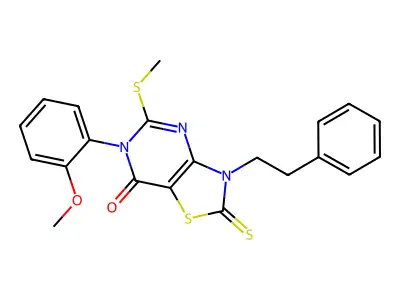 6-(2-methoxyphenyl)-5-(methylsulfanyl)-3-(2-phenylethyl)-2-sulfanylidene-2H,3H,6H,7H-[1,3]thiazolo[4,5-d]pyrimidin-7-one structure