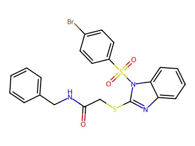N-benzyl-2-((1-((4-bromophenyl)sulfonyl)-1H-benzo[d]imidazol-2-yl)thio)acetamide structure