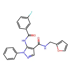 5-[(3-fluorobenzoyl)amino]-N-(furan-2-ylmethyl)-1-phenylpyrazole-4-carboxamide structure