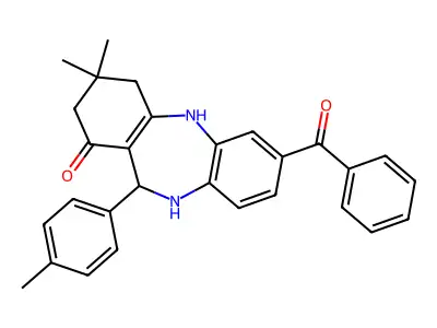 2-benzoyl-9,9-dimethyl-6-(4-methylphenyl)-6,8,10,11-tetrahydro-5H-benzo[b][1,4]benzodiazepin-7-one structure